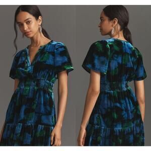Anthropologie Maeve Somerset Green Blue Velvet Mini Dress XXS/XS